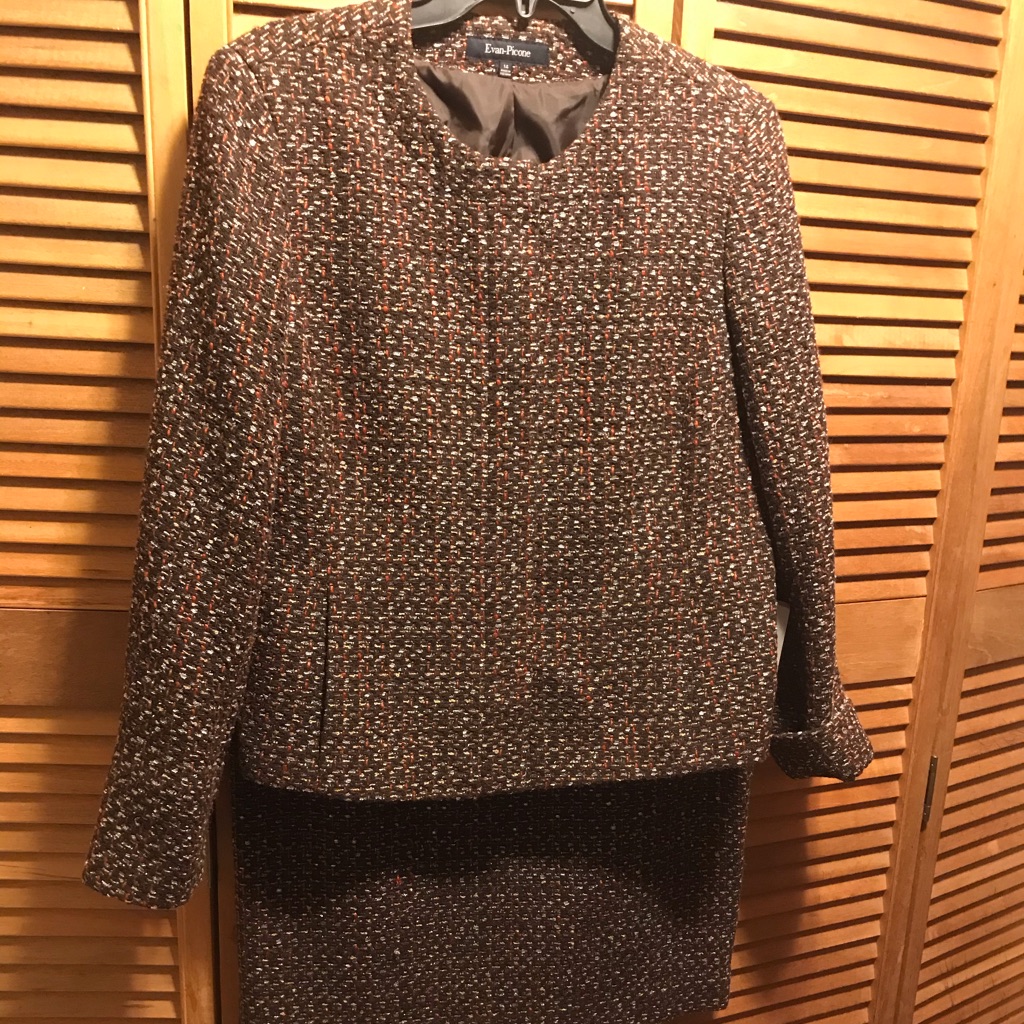 Evan-Picone Brown, Orange/Gold Boucle Tweed Skirt Suit